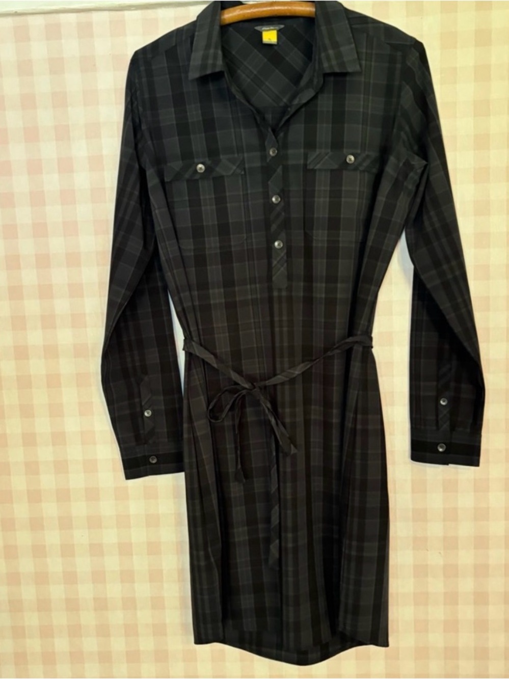 Eddie Bauer Black and Gray Plaid Long-Sleeve Shirtdress